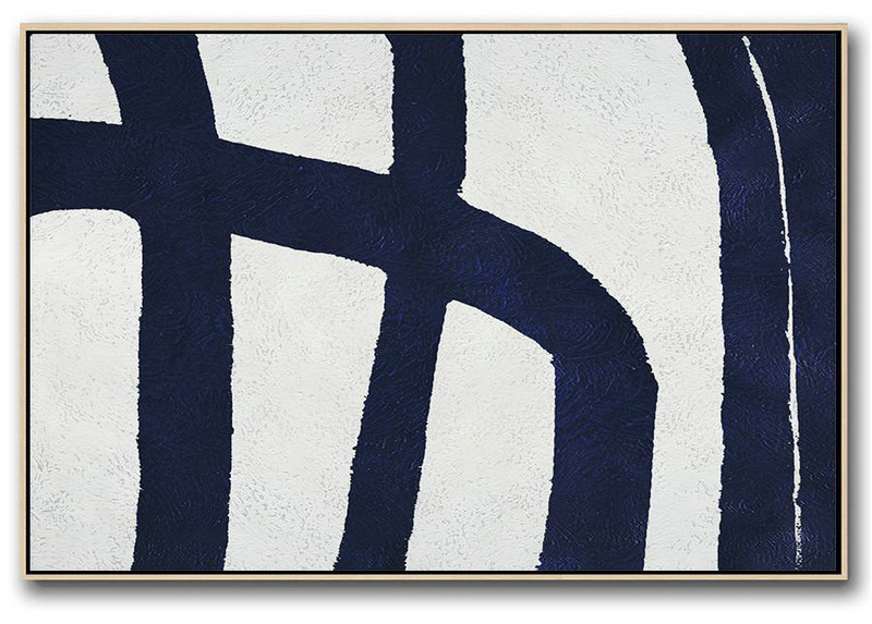 Hand Paint Large Art,Horizontal Navy Painting Abstract Minimalist Art On Canvas,Contemporary Wall Art